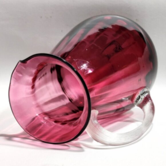 Hand-Blown Pilgrim Cranberry Style Glass Int Optic Ribbed 7" Pitcher Jug Vase - Picture 6 of 11